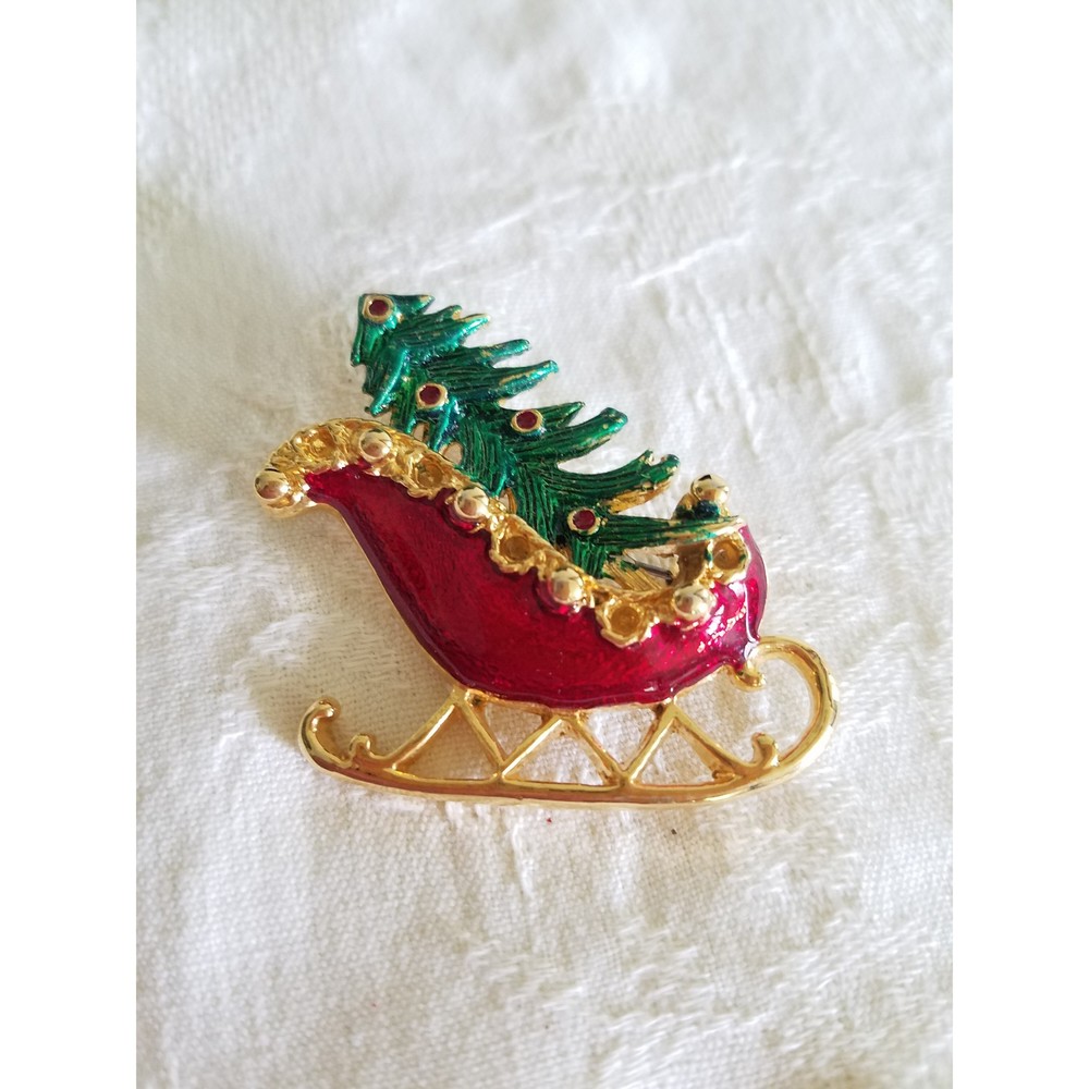 Vintage Christmas Tree Sleigh Enamel Brooch